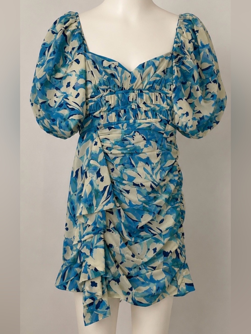 AMUR Blue Floral Puff Sleeve Ruched Ruffle Mini Dress Size Small NWOT